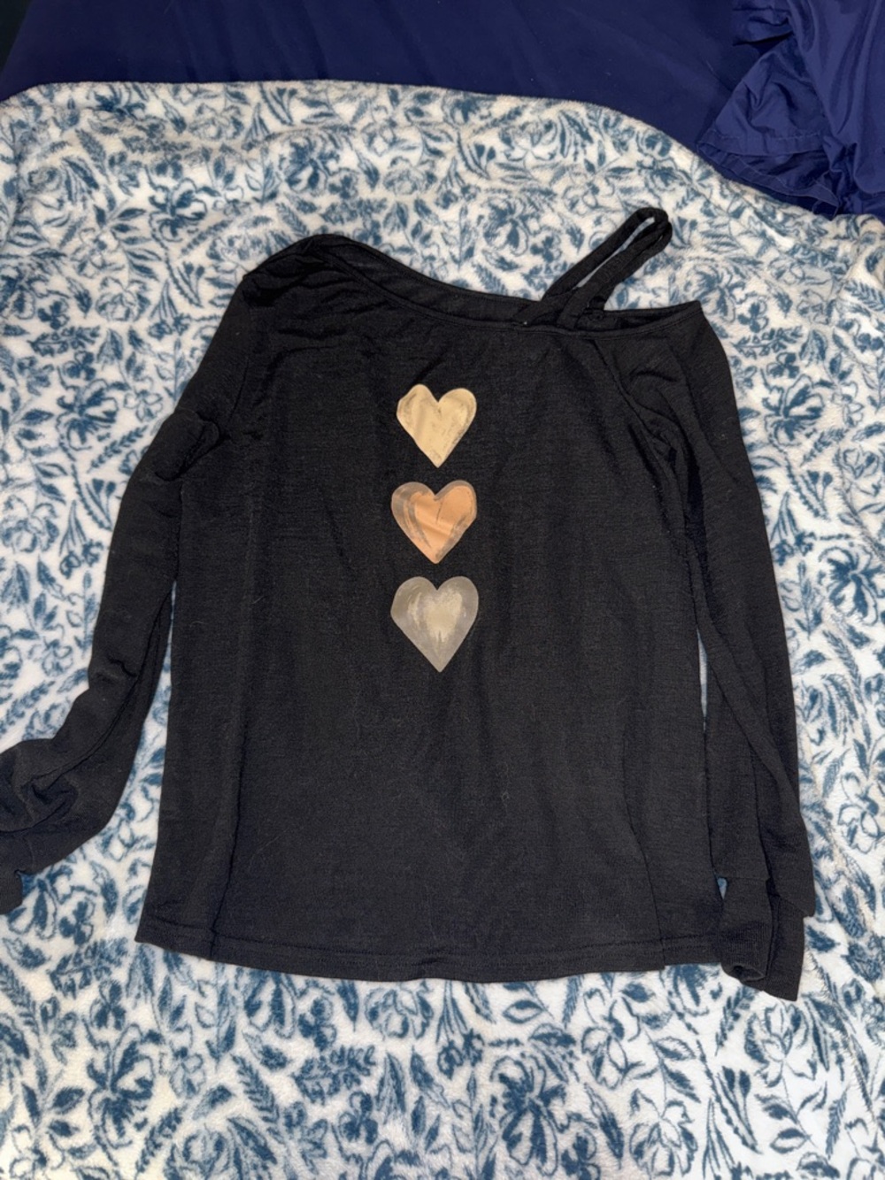 SHEIN Black Long Sleeve Top with Gold, Tan, and Silver Heart Accents